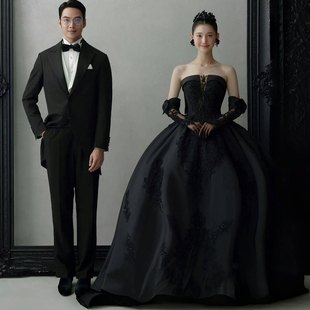 影楼主题服装法式复古赫本风婚纱摄影写真拍照黑色抹胸小拖尾礼服