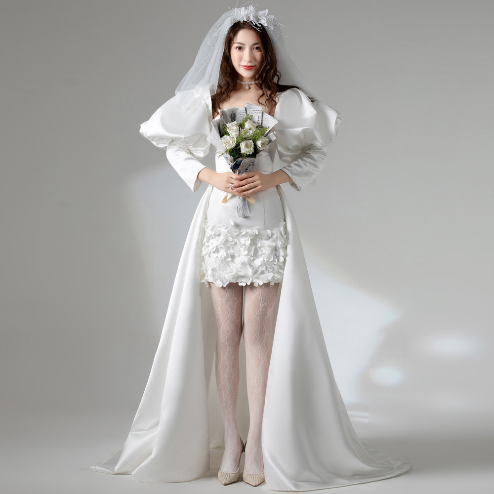 主题婚纱前短后长旅拍服装法式情侣写真拍照泡泡袖花瓣短礼服优惠券