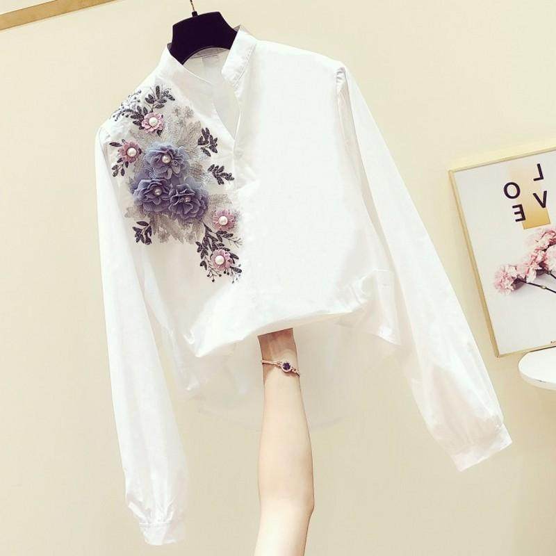 韩国女装2021春秋季新款白色绣花长袖衬衫女韩版休闲碎花上衣女装