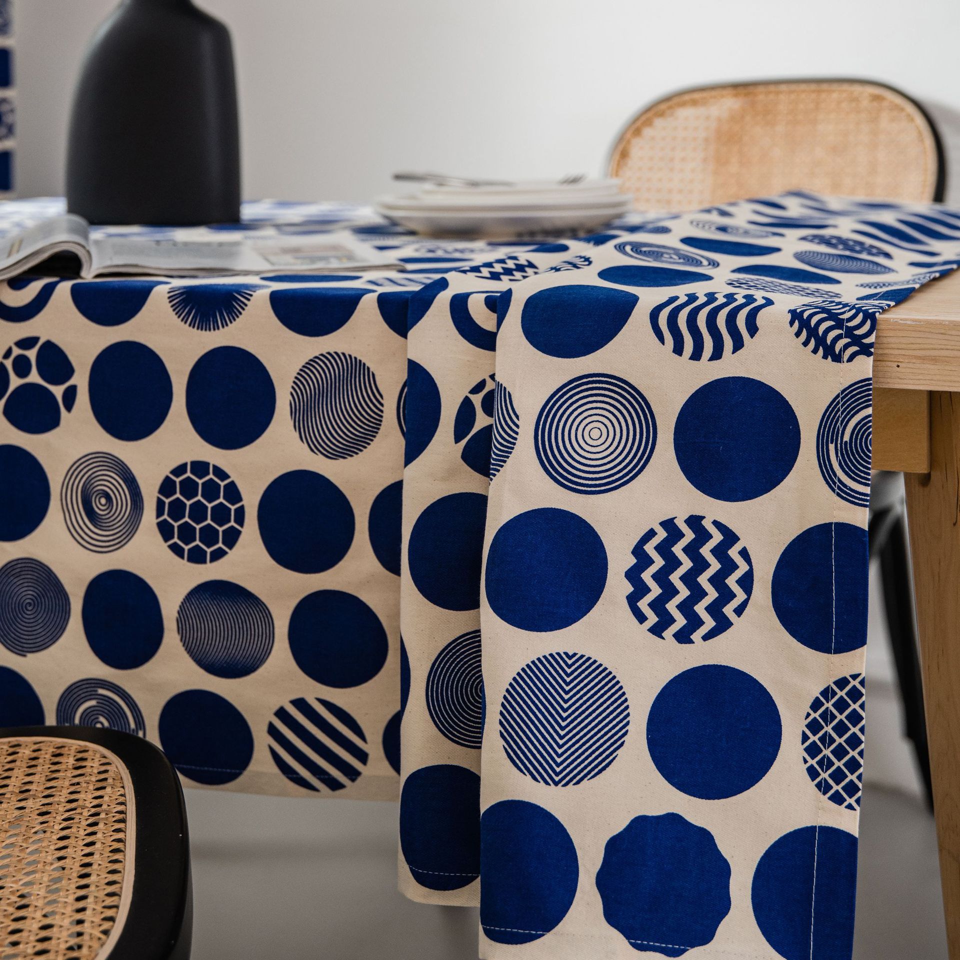 餐桌桌布复古中式古典宝蓝色圆点棉麻台布长方形布艺靠垫套抱枕套