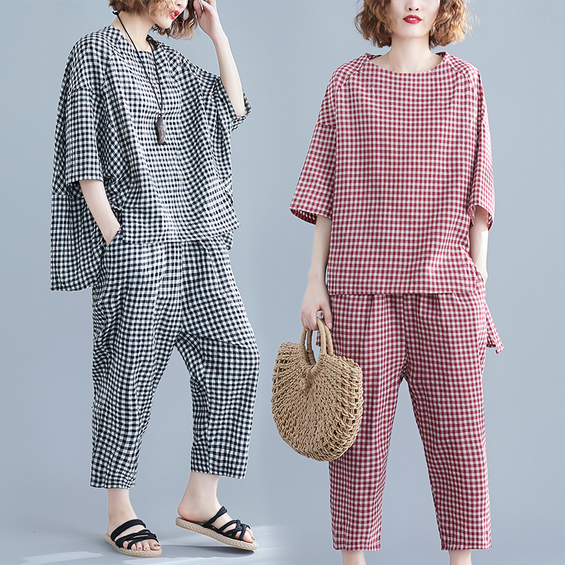 summer new pattern Versatile Easy lattice printing Irregular jacket leisure time Nine points trousers Cotton and hemp fashion suitin the Women's clothing/Boutique , Set/Student uniforms/Work uniforms , Fashion Set category - from Buy2taobao.com to provide professional Taobao agent buy service