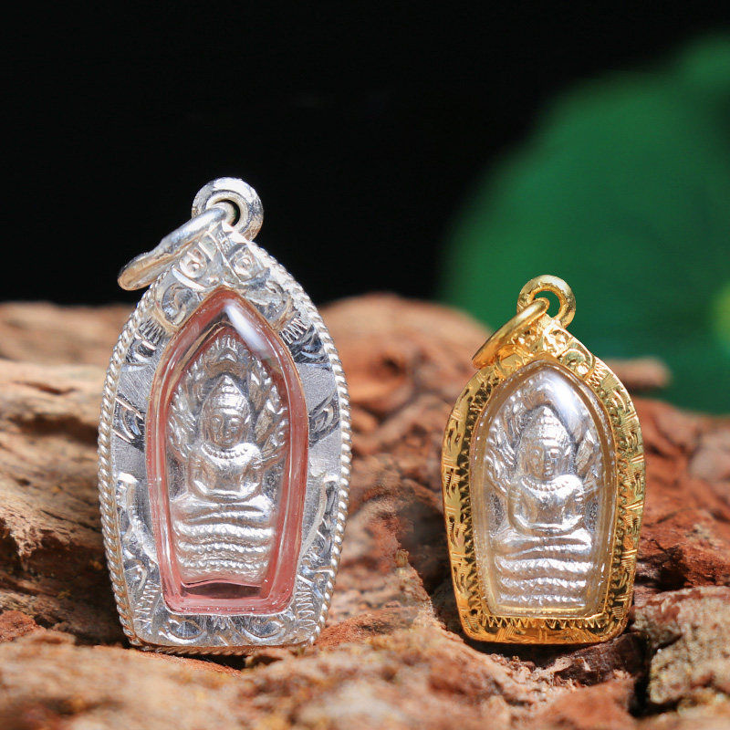 泰国佛牌龙婆坤迷你银版七龙佛2537年老牌纯金壳项链吊坠带鉴定卡