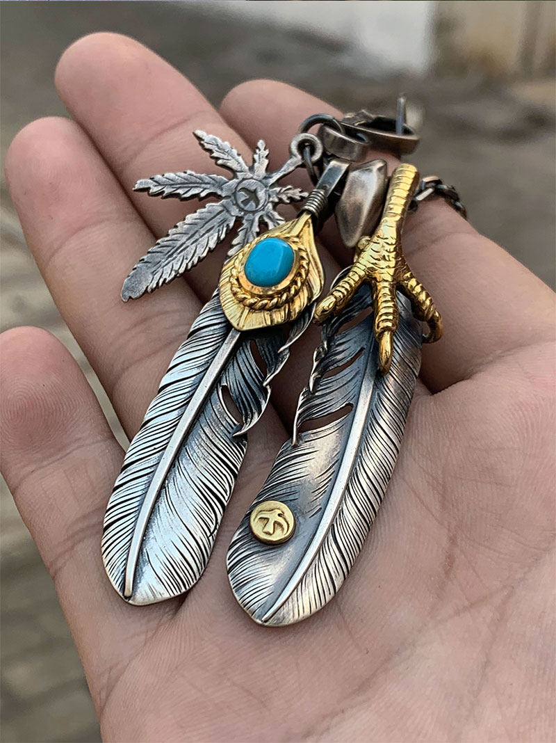 手工高桥吾郎925银吊坠羽毛项链男女高桥精工套装摇滚配饰项链潮