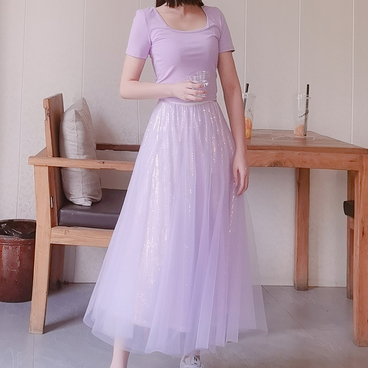 美腻~淡紫色梦幻亮片网纱仙女裙半身裙中长款2022年真丝百褶纱裙