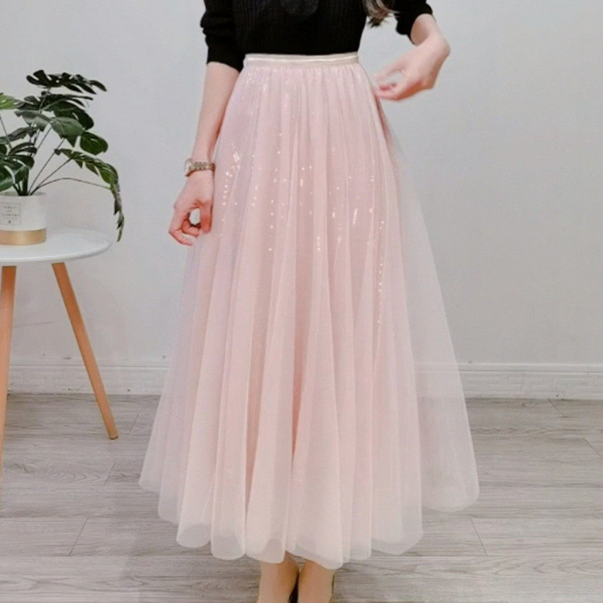 仙女网纱裙中长款半身裙女夏a字裙大摆垂感松紧腰大码百搭显瘦