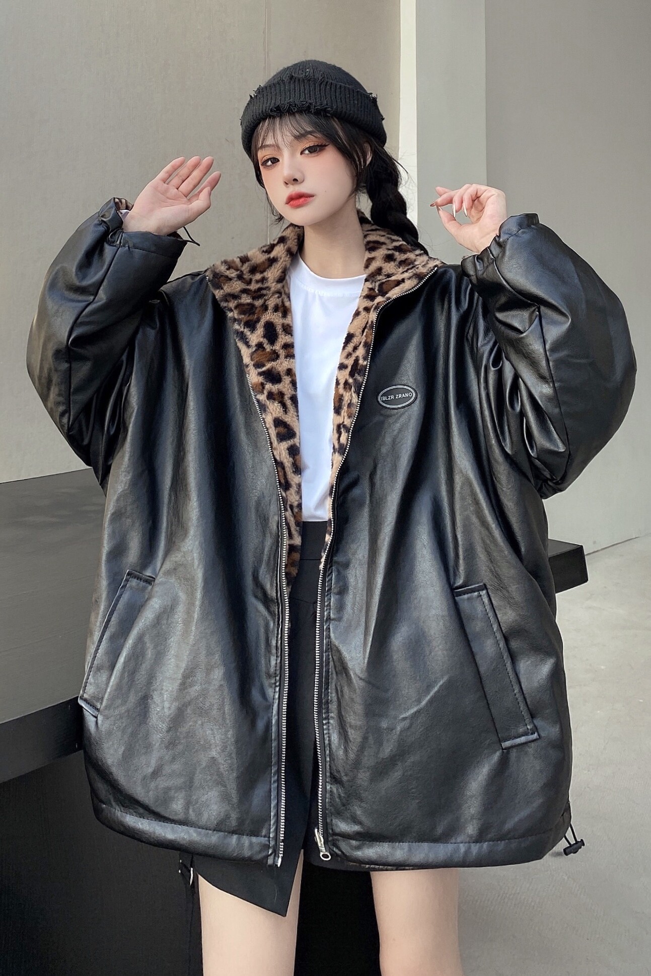 2021年冬装新款韩版ins同款宽松豹纹皮衣两面穿外套潮港风棉衣女