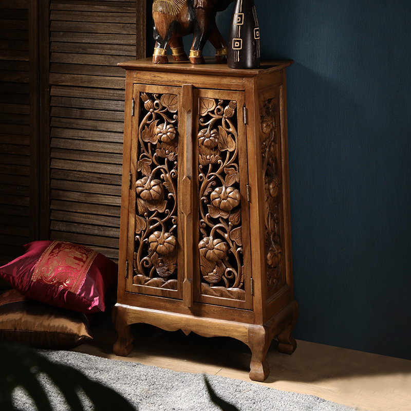 异丽东南亚实木雕花玄关柜泰式客厅酒店会所走廊镂空储物柜收纳柜