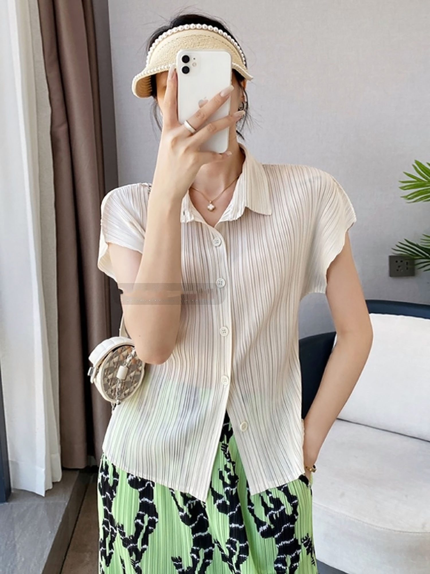 三宅褶皱夏季短袖衬衣女设计感小众垂感宽松显瘦衬衫百搭上衣纯色
