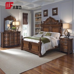 销美式床轻奢实木床法式乡村复古做旧1.8米双人床新古雕花家具品