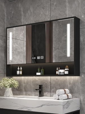 实木浴室智能镜柜单独卫生间梳妆镜带置物架收纳一体柜带灯挂墙式