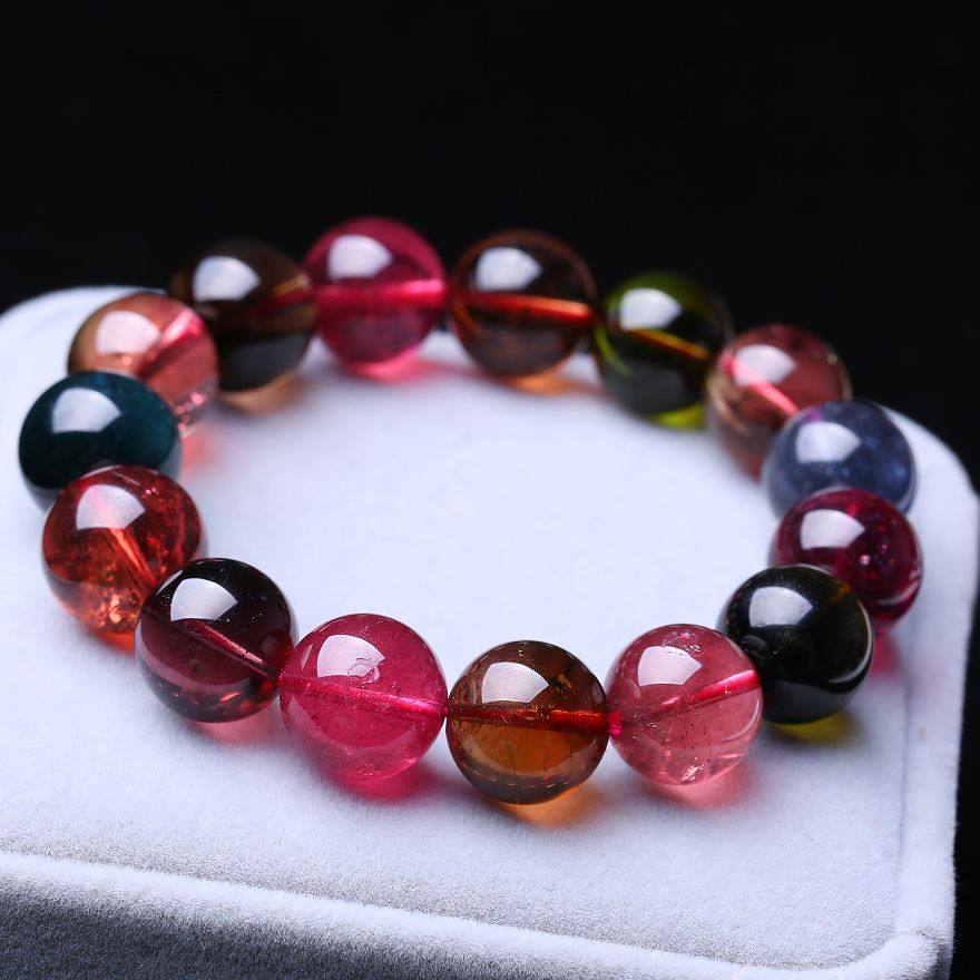 顶级天然碧玺手链 颜色艳丽 61.59克 含蓝碧 颗粒大