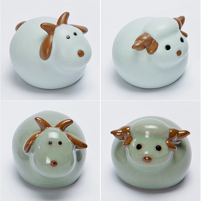 卡通可爱牛摆件迷你陶瓷羊招财工艺品创意家居儿童房间装饰小摆设