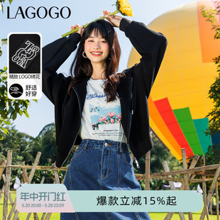 Lagogo拉谷谷黑色短款刺绣卫衣外套女2024年春季新款休闲小个子