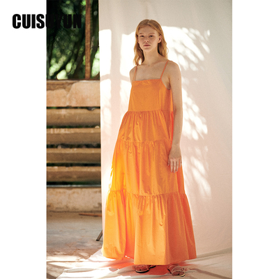 cuisuyun20夏季独立设计师橙色多层抽褶吊带蛋糕裙仙女裙度假长裙