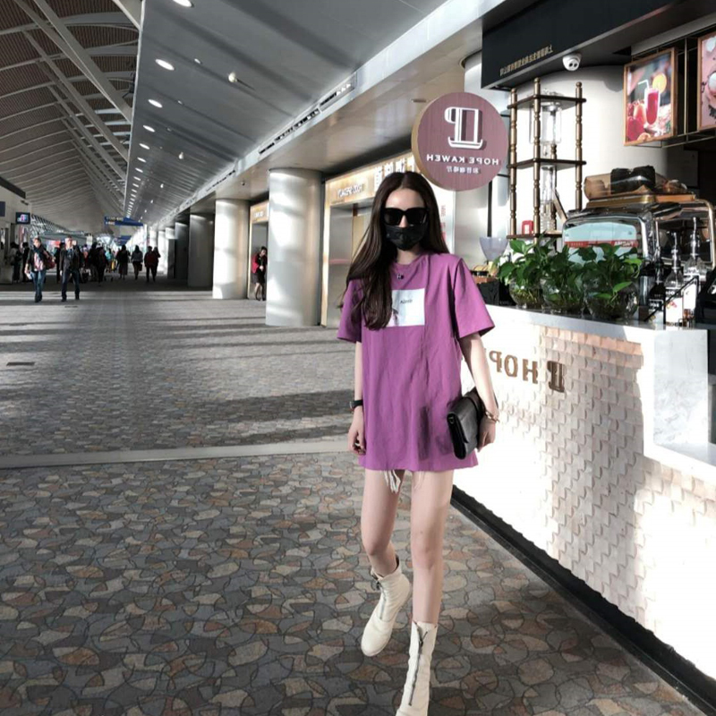 下衣消失t恤女2020夏季新款印花宽松中长款短袖 下半身玩失踪上衣