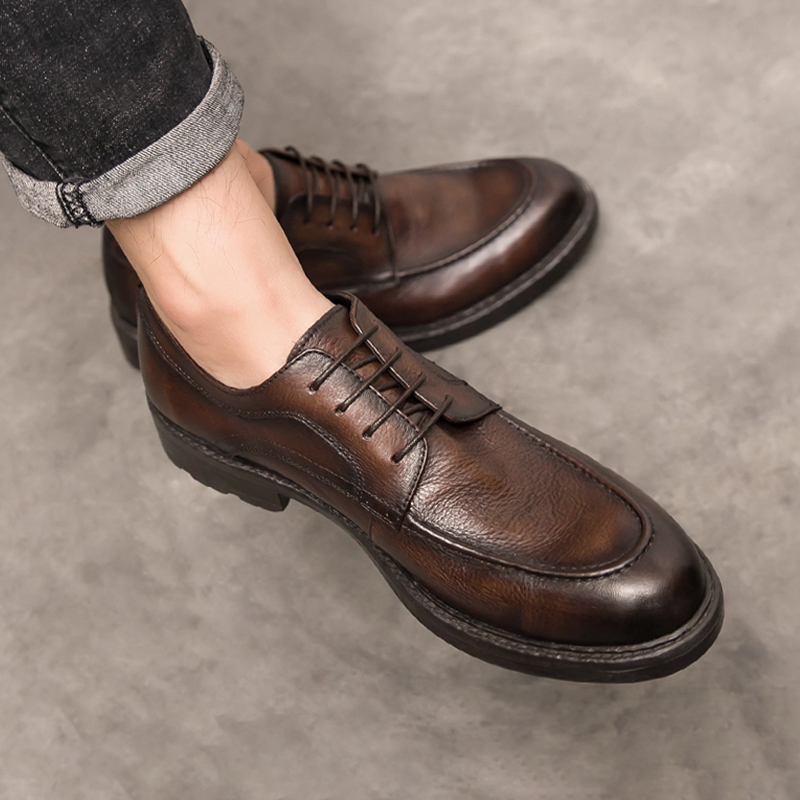 英伦复古商务正装头层牛皮圆头系带德比皮鞋休闲皮鞋男士真皮透气