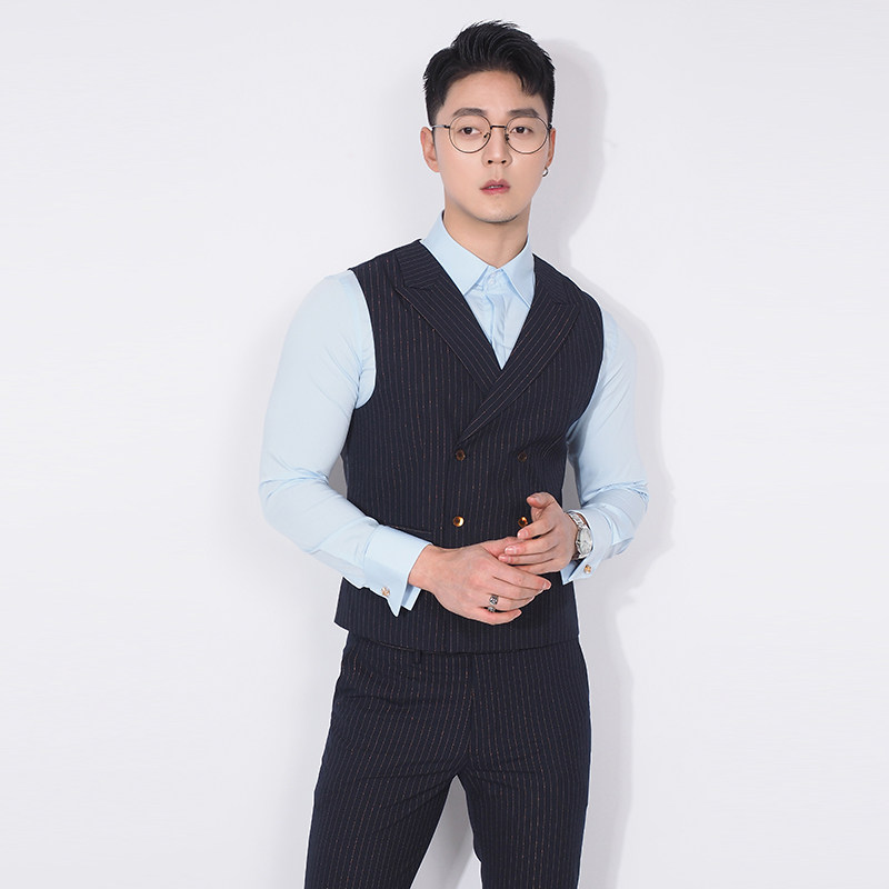 川泽男士西装领条纹马甲新款韩版修身深蓝色双排扣马夹西服背心潮