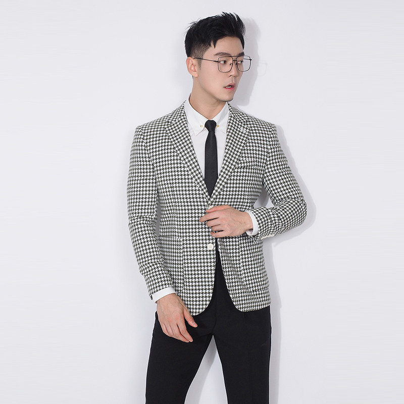 川泽男士千鸟格单排扣西装外套新款韩版修身格子西服平驳领单西潮