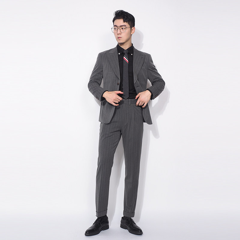 川泽男士烟灰色条纹休闲西装二件套韩风修身单排扣轻商务西服套装