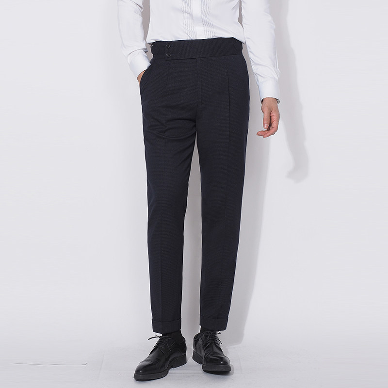 泽男士格子小脚西装裤新款轻商务卷边裤子英伦风上班修身十分裤—西裤