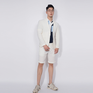 川泽男士薄款西装两件套夏季韩版修身泡泡纱西服套装米白色套西潮