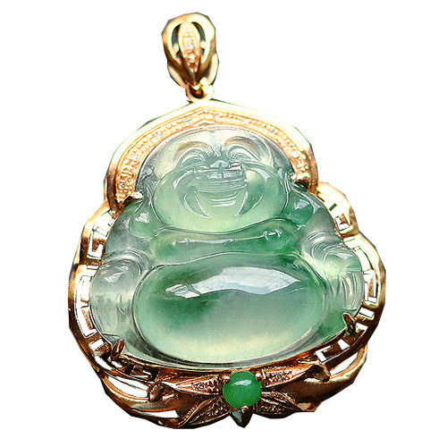 18k金伴钻石镶嵌,冰种飘花饱满佛公吊坠 重5.60克