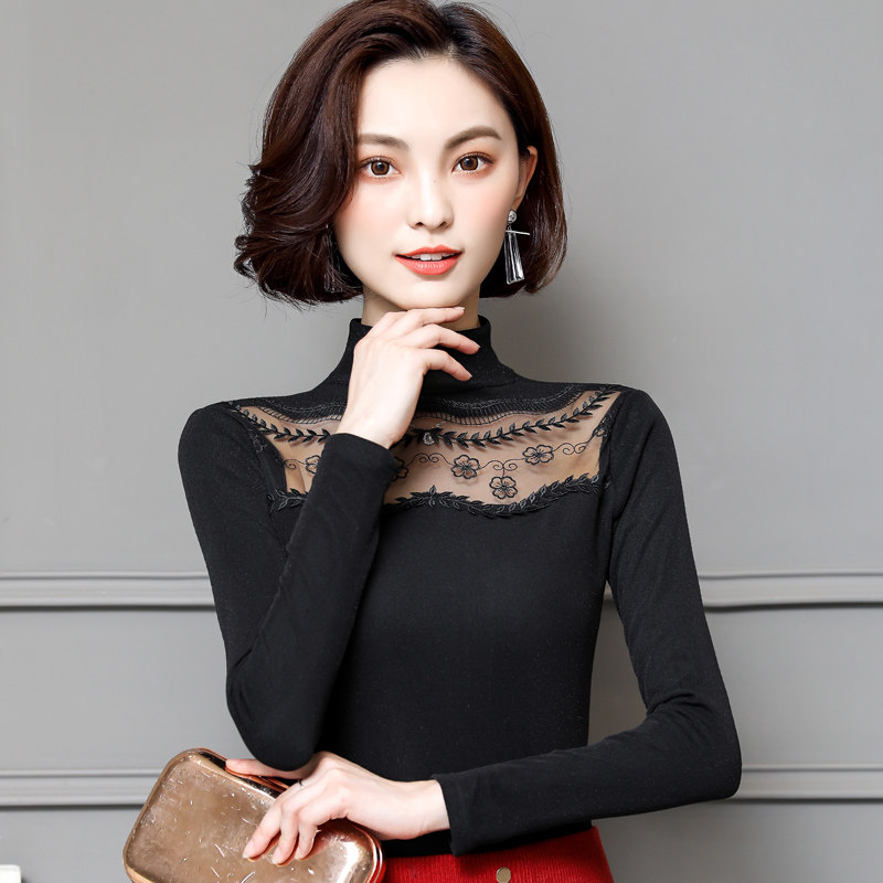 高领加绒打底衫女秋冬百搭长袖亮丝上衣新款洋气内搭显瘦网纱t恤