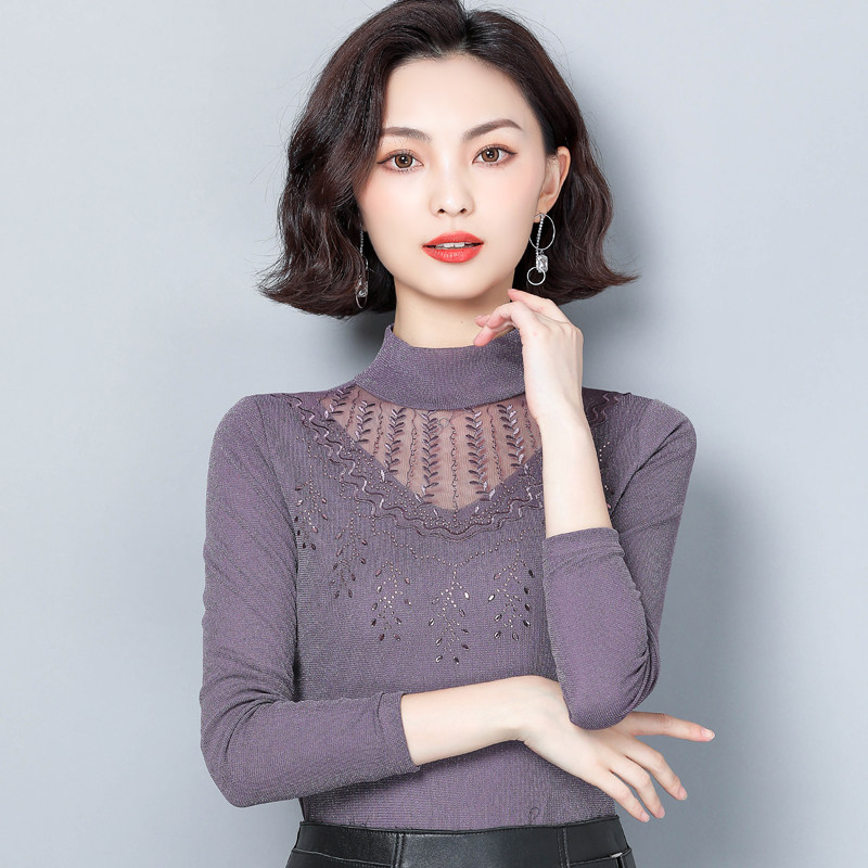 时时价 女装 时尚u搭配 新款蕾丝打底衫女春秋百搭加绒长袖亮丝t恤