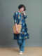 姜欢设计 深蓝和式花朵纯苎麻圆领7分袖文艺范儿连衣裙