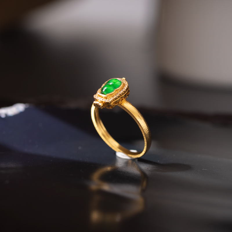 翡翠葫芦戒指18k金镶嵌古法金冰种天然简约精致百搭鉴定证书女款