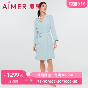 爱慕官方正品睡衣 女士翻领系带真丝小翻领衬衫袍睡袍AM487211