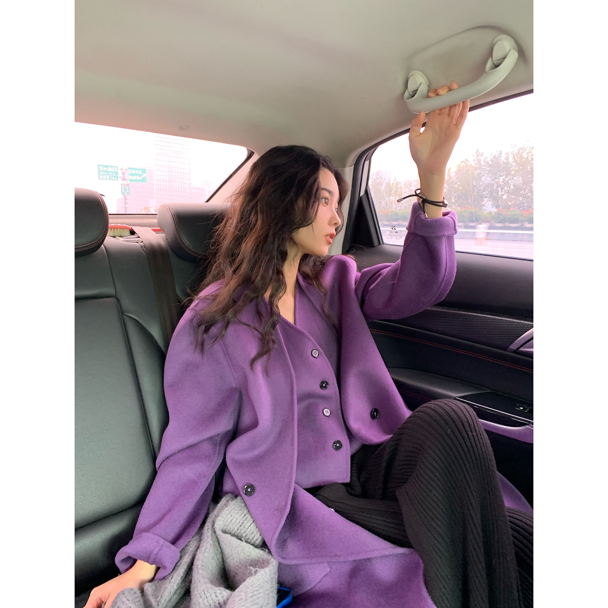 icelolly紫色长款羊毛双面呢子羊绒大衣女秋冬加厚小个子毛呢外套