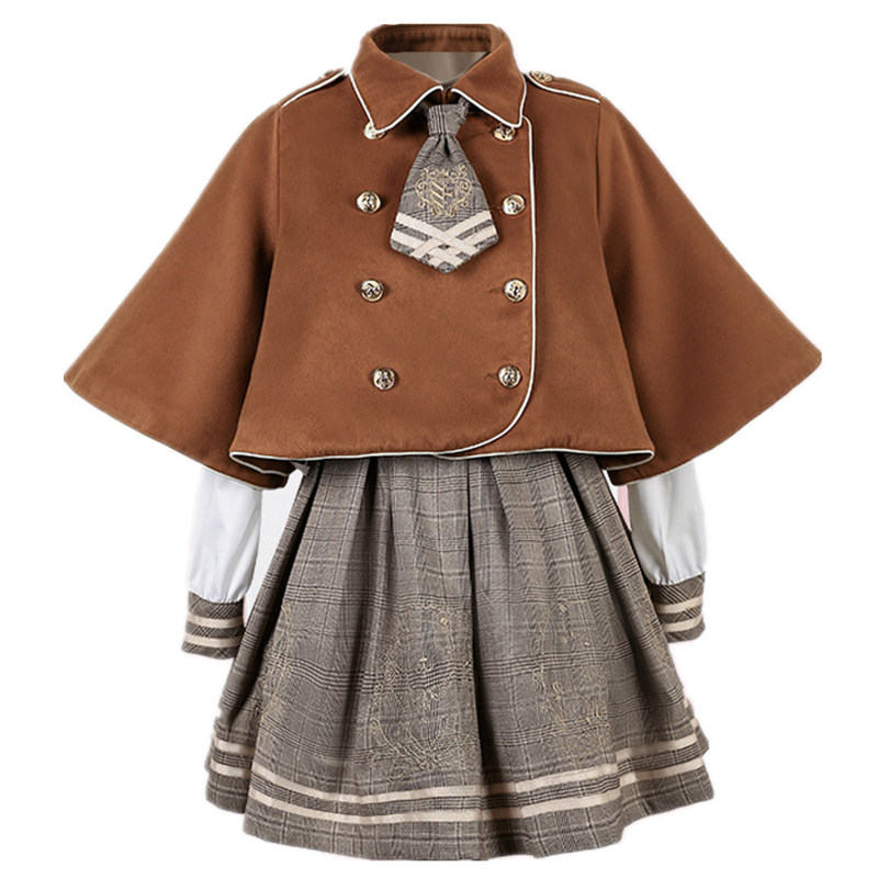 小熊侦探学院英伦风刺绣格子长袖连衣裙毛呢斗篷日系软妹少女套装