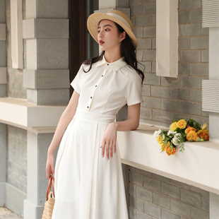 JUJU定制 白色新款短袖裙子怀旧港风衬衫连衣裙收腰气质A字裙女夏