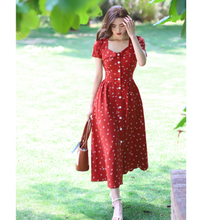 JUJU定制法式红色连衣裙2022新款爱心收腰显瘦高级感裙子女夏季