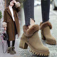 2016冬季新款韩版女鞋粗跟短靴女兔毛毛高跟马丁靴潮靴子裸靴8cm