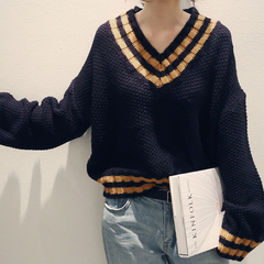 韩国春季新品拼色V领学生长袖毛衣女套头宽松百搭显瘦短款针织衫