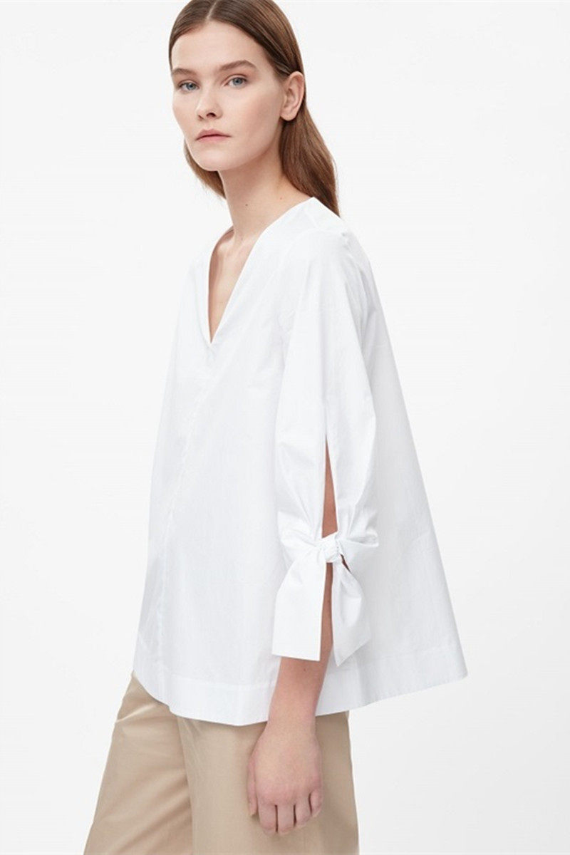 极简欧美白棉布衬衣v领宽松灯笼袖口蝴蝶结系带白衬衫女a字娃娃衫