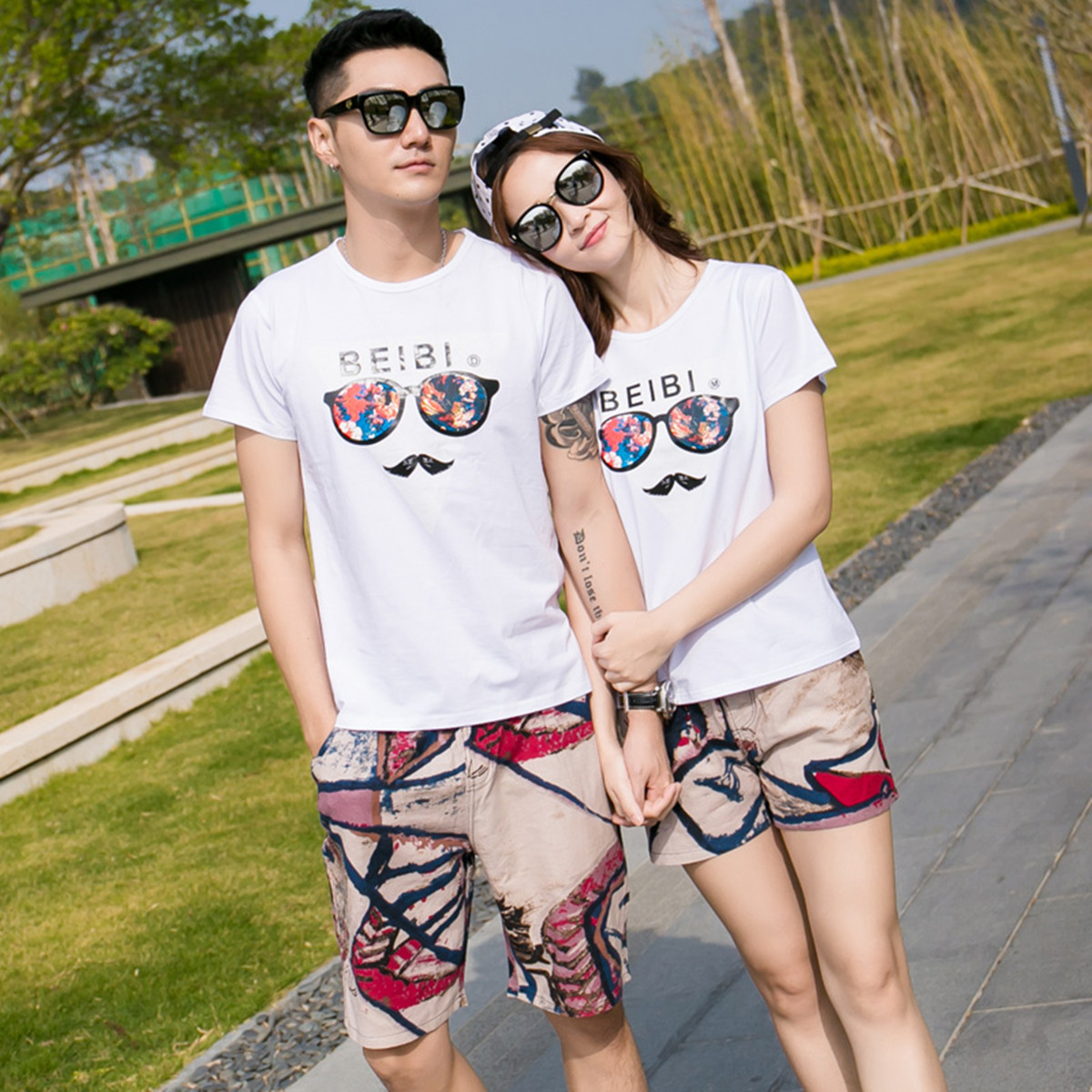 包邮 沙滩情侣装夏装海边度假套装加肥加大码短袖t恤三亚蜜月旅游衣服