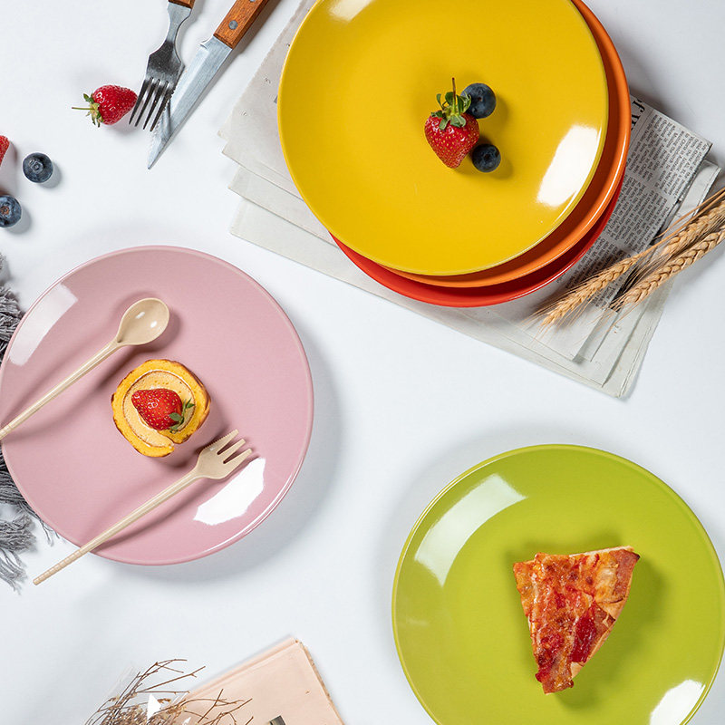 特价8英寸彩色盘陶瓷盘色釉陶瓷浅盘纯色特惠简约微波炉多彩餐盘