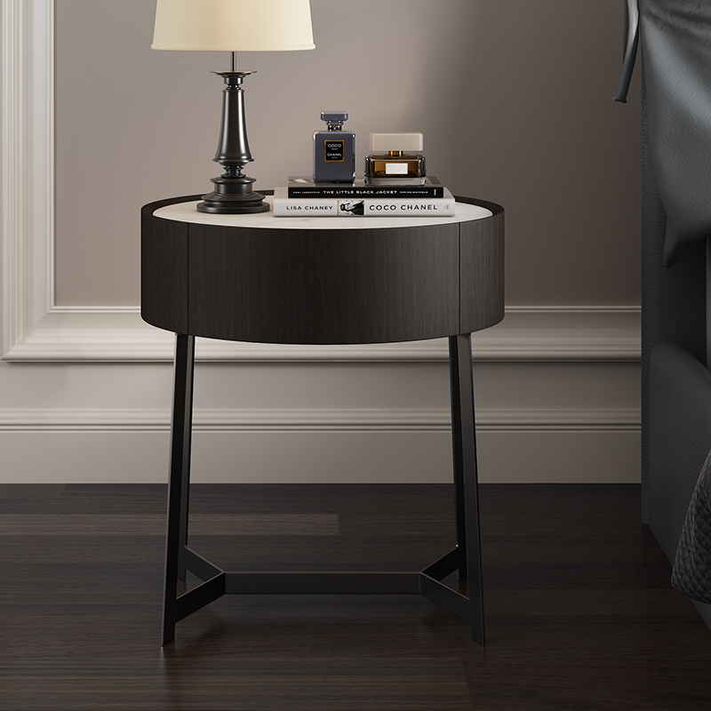 黑胡桃床头柜意式轻奢设计师圆形高级感黑色实木中式创意高床边柜