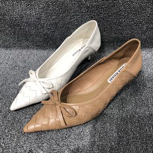 欧洲站女鞋bv编织胎牛皮小蝴蝶结尖头浅口小跟踩脚两穿鞋单鞋春款