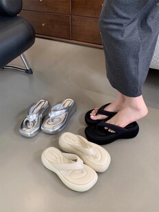 SHOE REN 坡跟厚底夹趾人字拖鞋女夏外穿高级银色沙滩百搭凉拖鞋