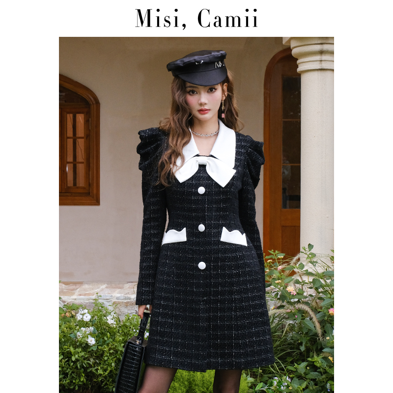 Misi,Camii2022秋冬新款设计感单排扣撞色闪丝花呢轻奢长外套