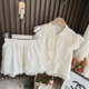 女童米白色中国风2件套装2024夏季新款珍珠盘扣飞袖娃娃衫+短裤