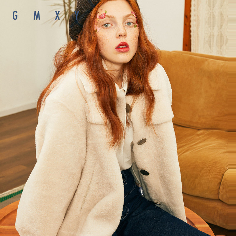 古木夕羊gmxy2021秋冬女装新品加厚不对称小香风颗粒绒毛毛外套