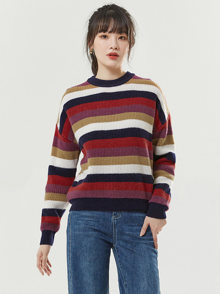 专柜正品牌折扣女装尾货撤柜禾哲羊毛学院风实穿条纹毛衣女2023冬