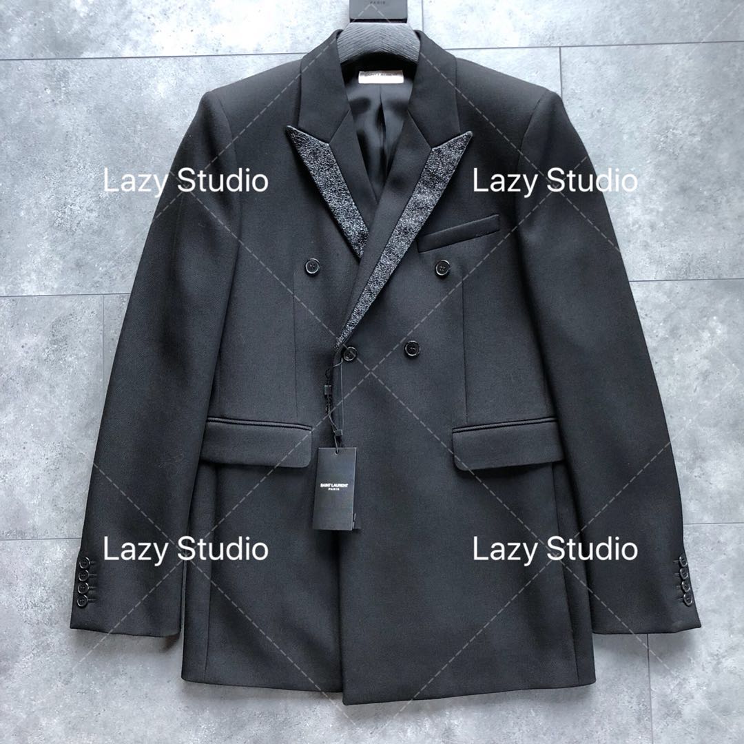 全新现货saint laurent slp 亮领 双排扣中长款修身羊毛单西 西服