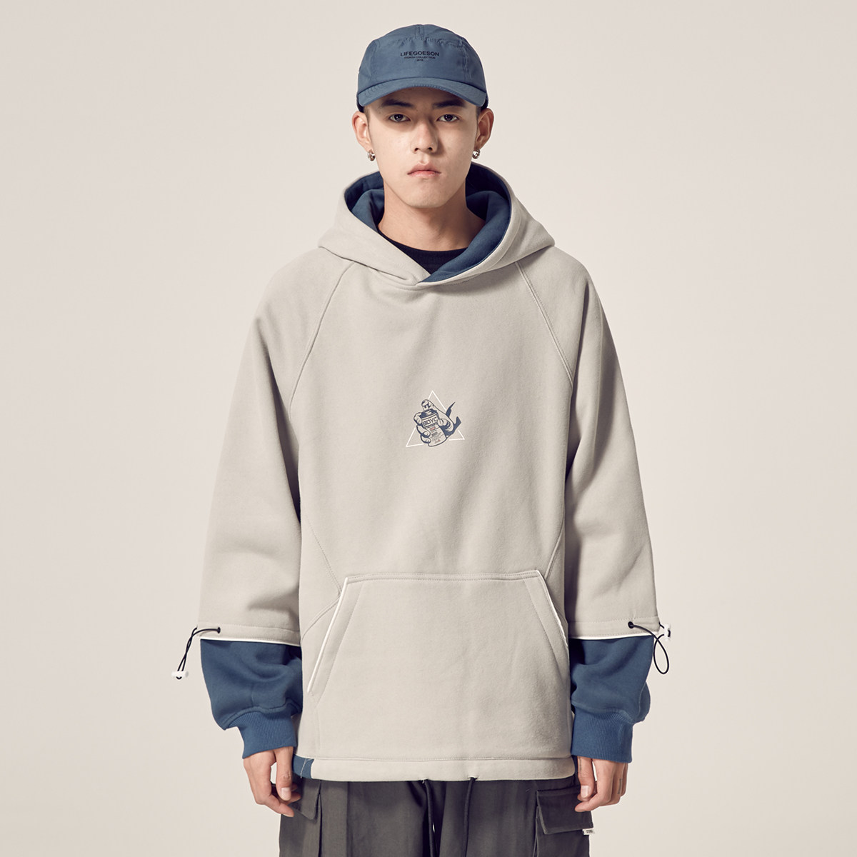 拼接 嘻哈街头_男道冬季新款日系宽松假两件拼接卫衣男生潮牌加绒宽松