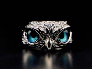 英国代购Owl◇手作复古猫头鹰林地动物蓝色眼睛可调节纯银戒指
